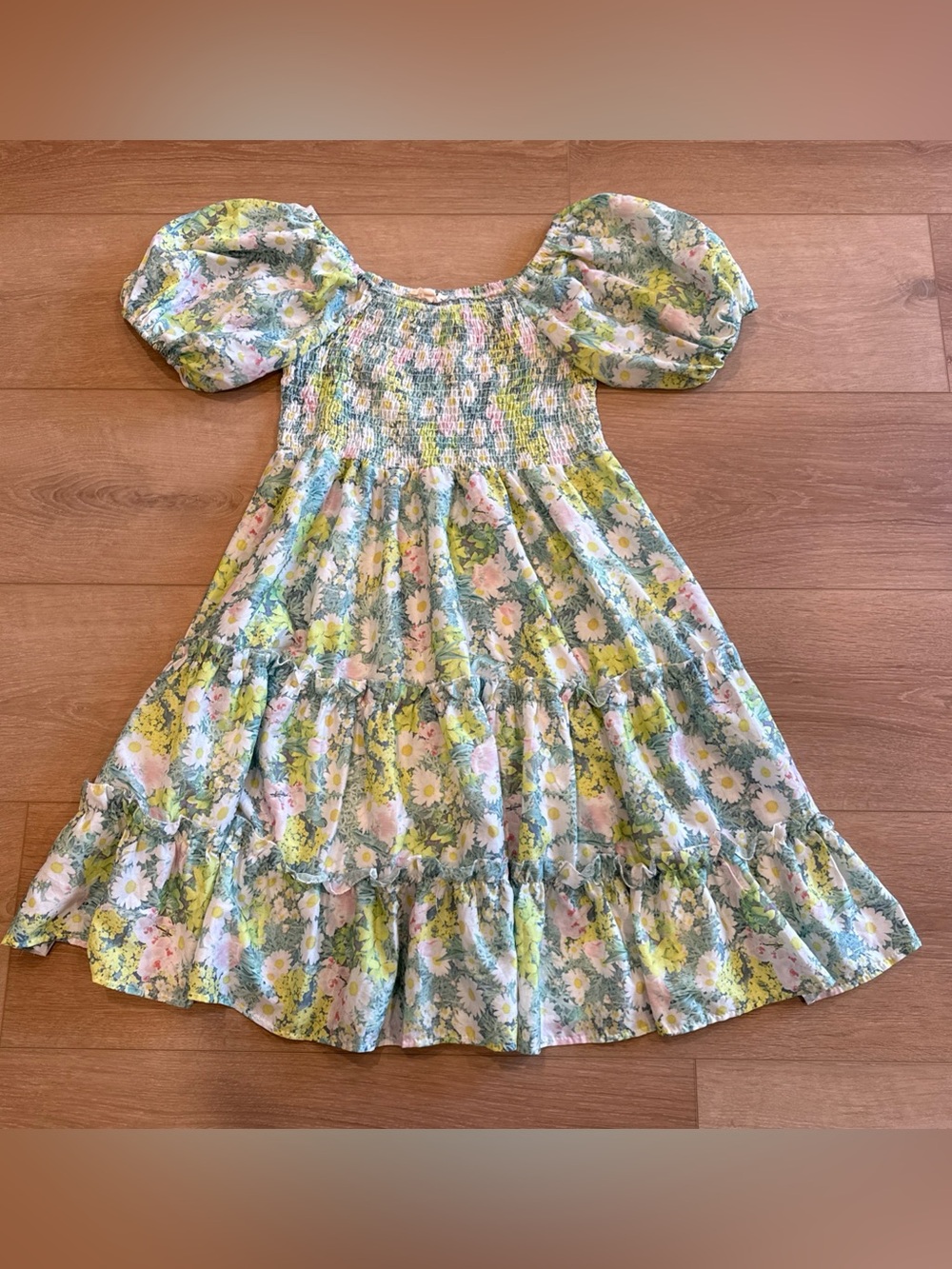 Pink Ripple Floral Puff Sleeve Smocked Tiered Midi L Sundress Green Yellow Pink